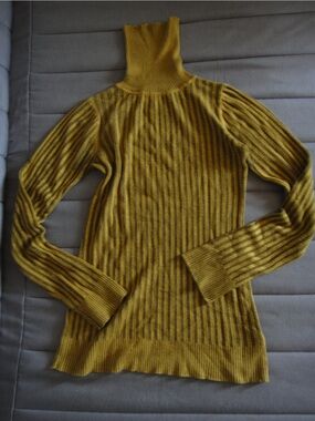 Grane Mustard and Olive Striped Ribbed Turtleneck Sweater